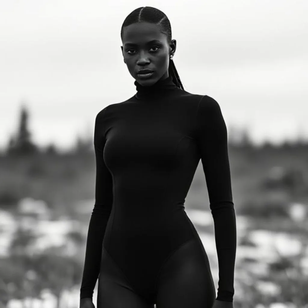 Black and white portrait of a model wearing the Hölje—Skön Noir’s sculpted black high-neck bodysuit. Designed for clean lines, bold posture, and inclusive minimalism, this piece merges comfort with unapologetic presence.