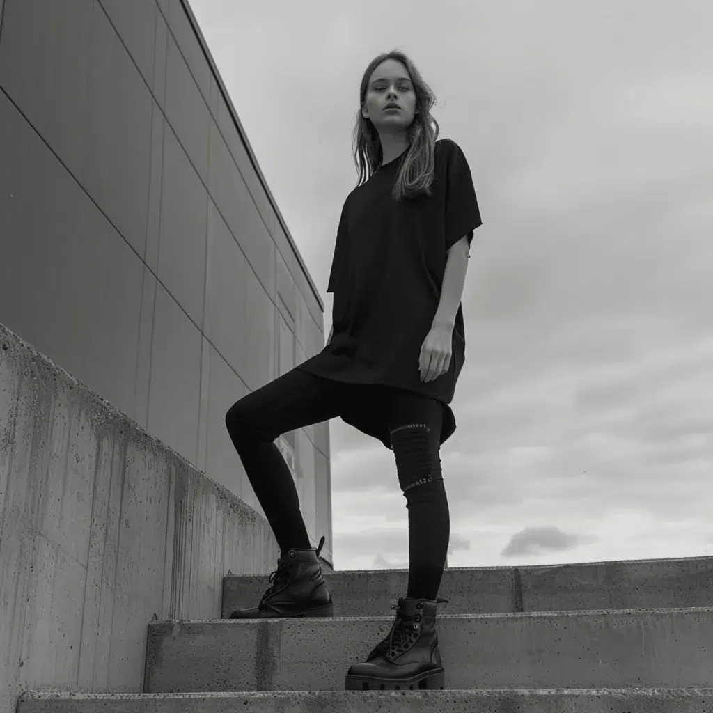 Model standing on concrete steps in an oversized black shift dress and platform combat boots, shot in black and white. The look captures Skön Noir’s minimalist streetwear style—confident, inclusive, and unbothered by trend cycles.