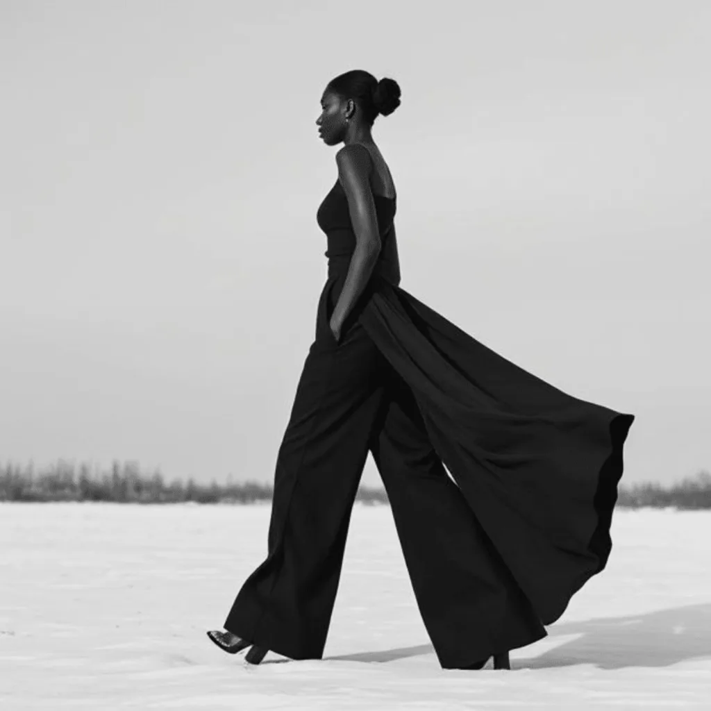 Black and white side view of a model walking confidently across a stark white landscape, wearing the Slinga d’Ombre—Skön Noir’s flowing skirt-pant hybrid with a dramatic rear drape. A bold silhouette that captures motion, minimalism, and timeless elegance.