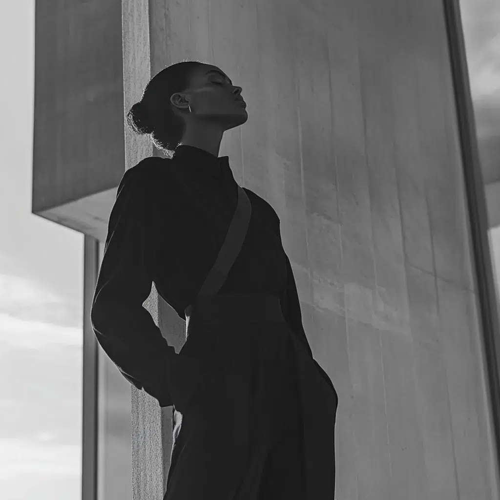 Model in a structured black outfit from Skön Noir standing against modern architecture. Her pose reflects calm strength and minimalist design, capturing the brand’s inclusive and timeless-noir style.