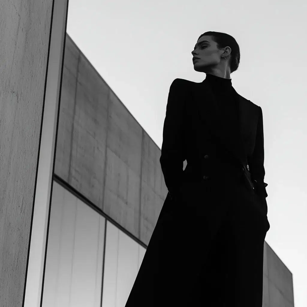 Model wearing a tailored black blazer from Skön Noir, standing in architectural surroundings. The image captures minimalist noir fashion and structured elegance.  