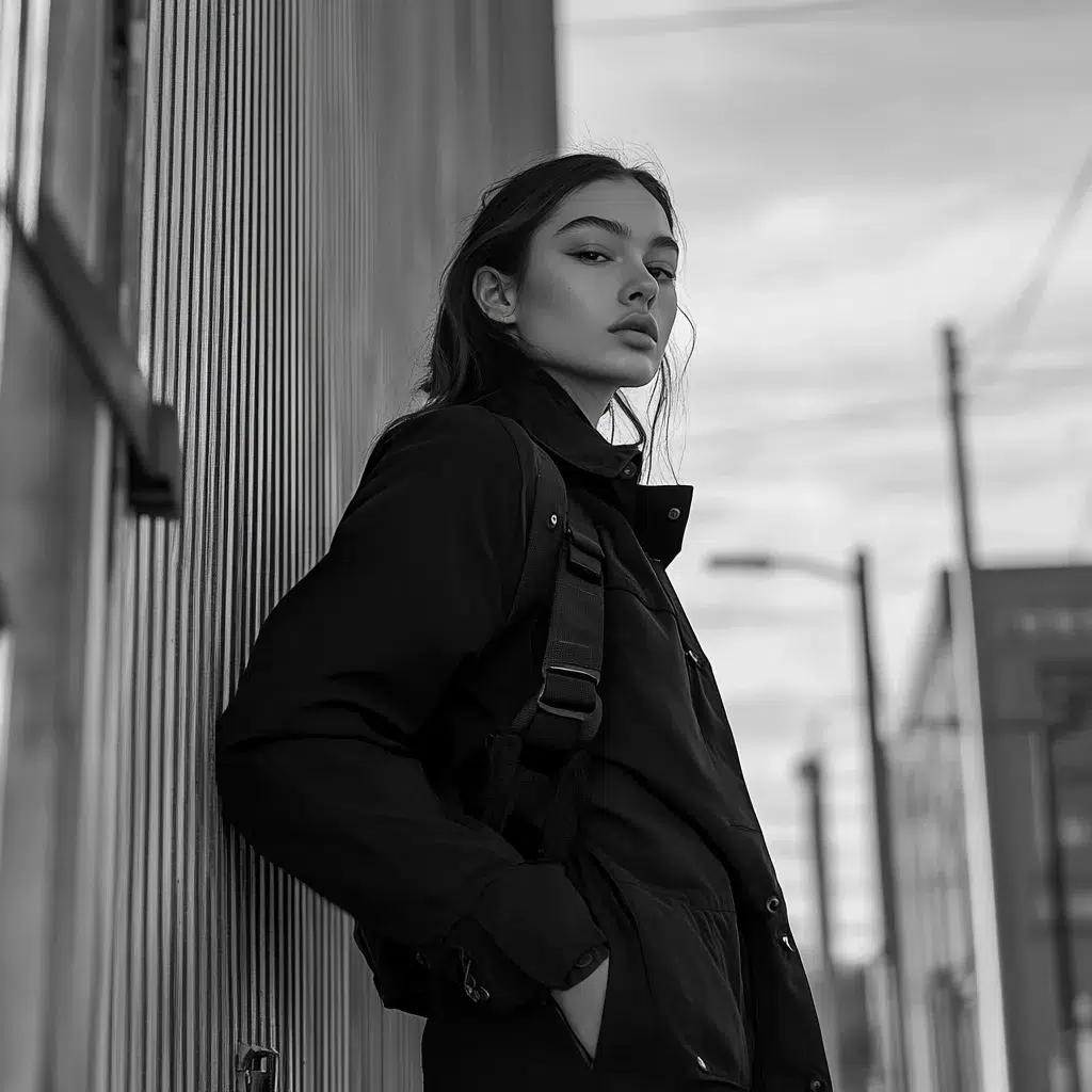 Model leaning against a corrugated wall wearing a black utility jacket from Skön Noir. Set in an urban environment at dusk, this image highlights minimalist streetwear with a strong, inclusive aesthetic.  