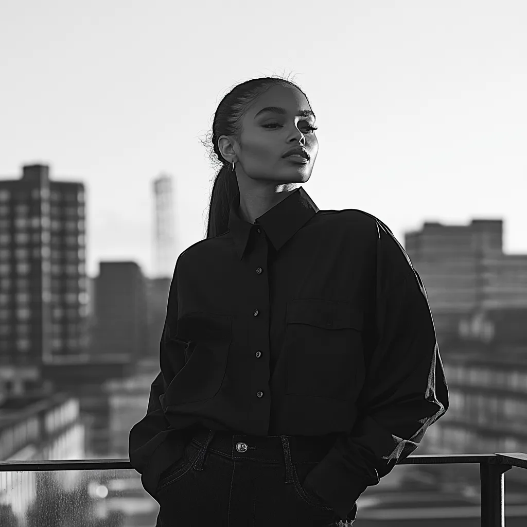 Confident model wearing a structured black shirt from Skön Noir, standing on a rooftop at dusk with an urban skyline in the background. This image reflects bold minimalism and timeless fashion for all.  