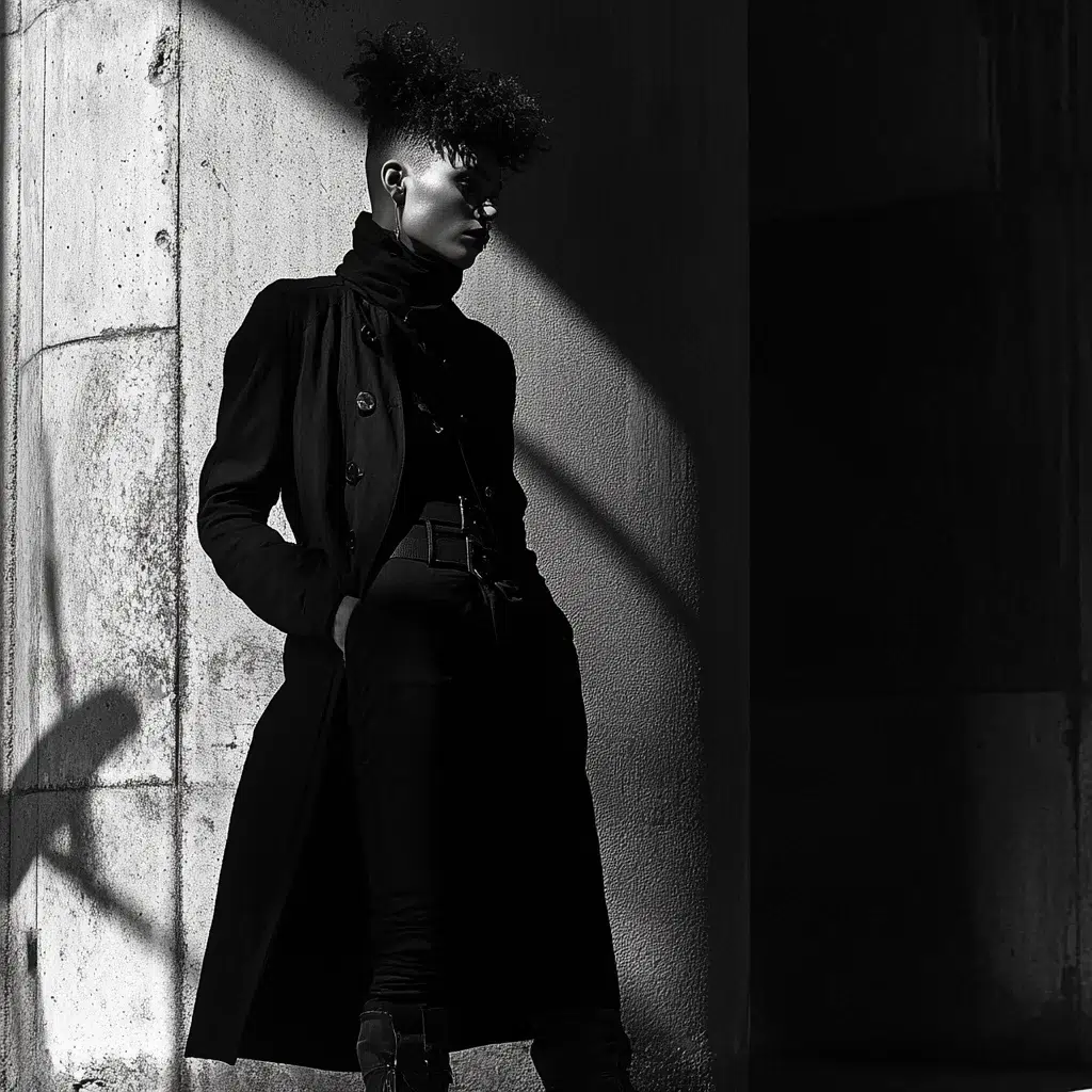 Model in long black coat and high collar posed in stark shadow beneath urban pillar