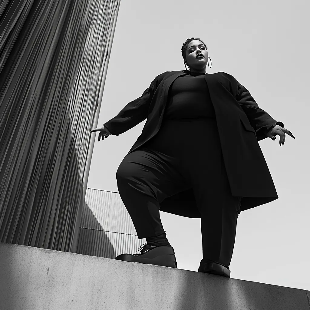 Plus-size model in all-black suit standing confidently on rooftop with angular backdrop